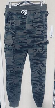 Men's OUBER Slim Fit Camo Joggers Sweatpants Cargo Green Sz L Drawstring FLAW‎